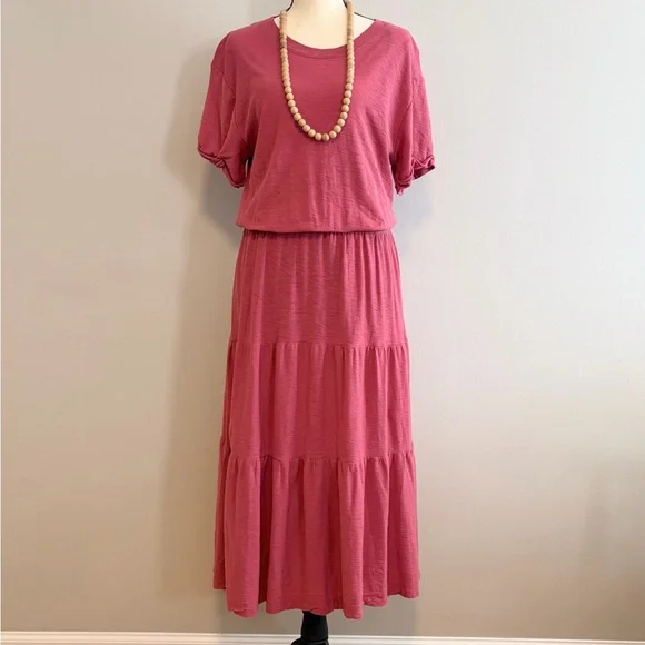 Nation LTD Los Angeles Martine Midi Dress Short Sleeve Tiered Pink 100% Cotton M - Picture 4 of 8